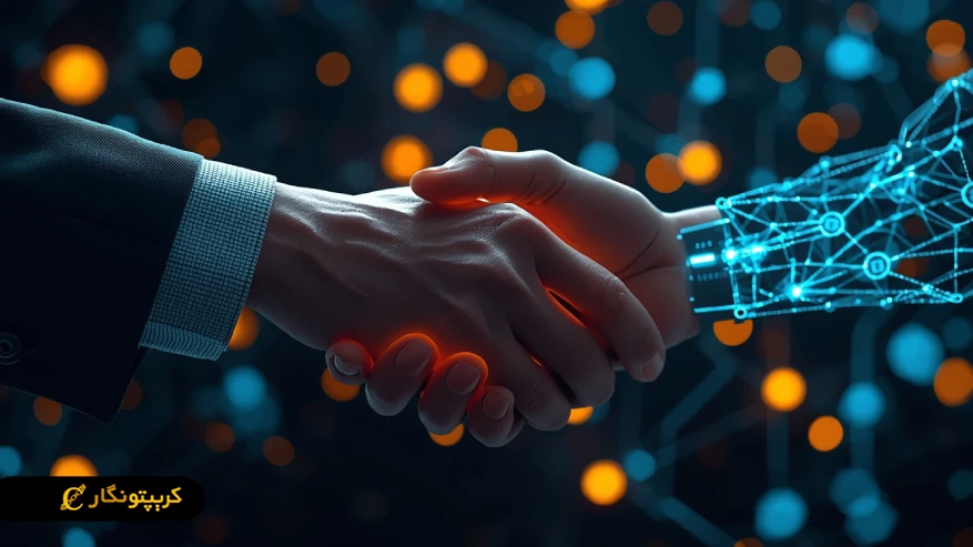 توکن هوش مصنوعی چیست؟ راهنمای سرمایه گذاری در AI Crypto دست دادن انسان و هوش مصنوعی با مفهوم توکن های AI